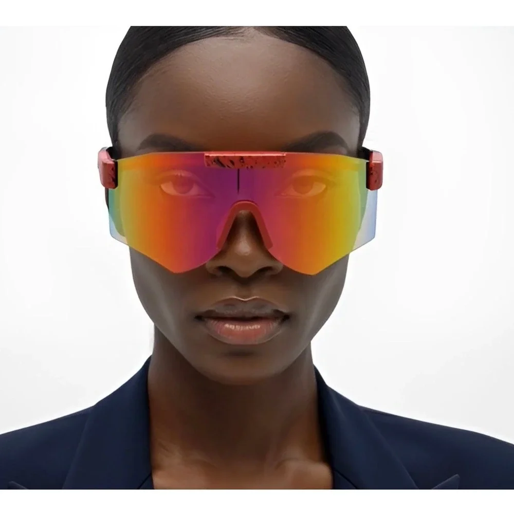 Shield Sunglasses Mirrored Lens Visor Sporty Futuristic Sunnies Red Frame Lentes